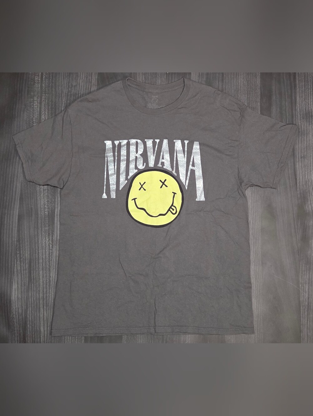 Nirvana Women's Smiley Face Graphic T-shirt with Silver Glitter XL